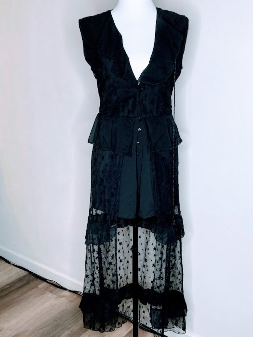 #77735 Black ruffled tie-front high-low skirt dress